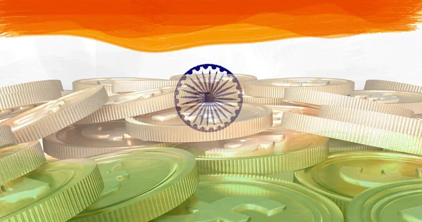 Immagine Bandiera Dell India Pila Monete Oro Concetto Finanza Economia — Foto Stock