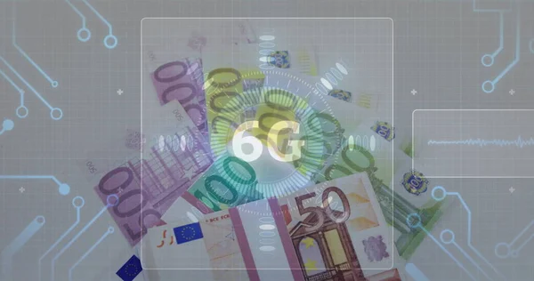 Imagen Texto Interfaz Con Placa Base Moviéndose Sobre Billetes Euros — Foto de Stock