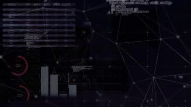 Karanlık arka planda istatistik ve veri işleme animasyonu. küresel bağlantılar, dijital arayüz ve dijital olarak oluşturulmuş video işleme konsepti.