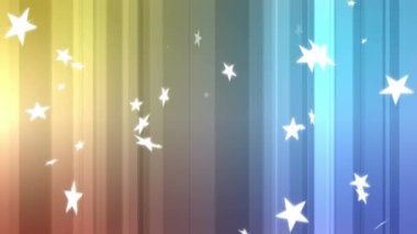 Renkli dijital arkaplanda süzülen beyaz yıldızların animasyonu. renk, hareket ve sinematografi kavramı dijital olarak oluşturulmuş video.