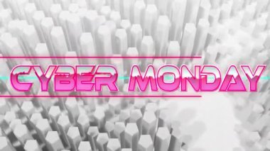 Beyaz zemin üzerinde ışık yolları üzerinden siber pazartesi metninin animasyonu. Video oyunu, eğlence ve dijital arayüz kavramı dijital olarak oluşturuldu.