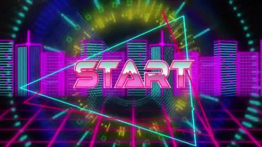 Dijital soyut alanda şehirle başlamanın animasyonu. bilgisayar, oyunlar ve teknoloji konsepti dijital olarak oluşturuldu.