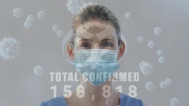 Kafkas maskeli kadın üzerinde covid 19 virüs hücresi ve biyolojik tehlike ikonu. küresel covid 19 salgın konsepti dijital olarak oluşturulmuş video.