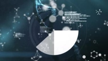 DNA iplikçiklerinin dönmesi ve tıbbi veri işleme animasyonu. Bilim ve veri işleme kavramı dijital olarak oluşturulmuş video.