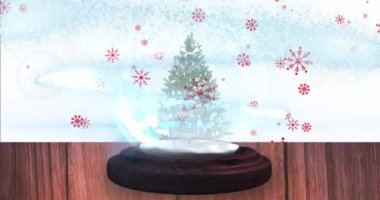 Kar yağışının animasyonu ve kar küresinin üzerinde beyaz arka planda ağaçla parlayan noktalar. Noel, gelenek ve kutlama konsepti dijital olarak oluşturuldu.