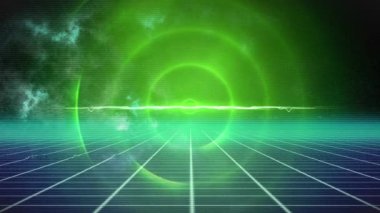 Yeşil uzayda parlayan dairelerin animasyonu. renk, hareket ve sinematografi kavramı dijital olarak oluşturulmuş video.