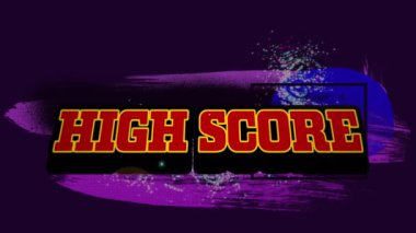 Koyu arkaplanda hareketli grafiklerin yüksek skorun animasyonu. Video oyunu, eğlence ve dijital arayüz kavramı dijital olarak oluşturuldu.