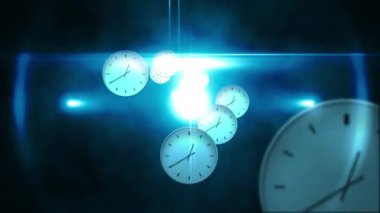 Çoklu saatin üzerindeki einde metninin animasyonu hızla ilerliyor. zaman, hareket ve sinematografi kavramı dijital olarak oluşturulmuş video.
