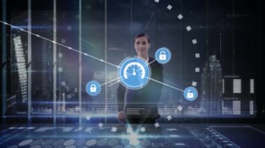 Etkileşimli ekran kullanarak iş kadını üzerindeki simgelerle bağlantı ağının animasyonu. Kulaklık. küresel bağlantılar, teknoloji ve dijital arayüz konsepti dijital olarak oluşturulmuş video.