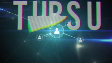 Bağlantı ağının canlandırılması ve siyah arkaplan üzerindeki metni başlatma. küresel ağlar, bağlantılar, oyunlar, veri işleme ve dijital arayüz kavramı dijital olarak oluşturuldu.