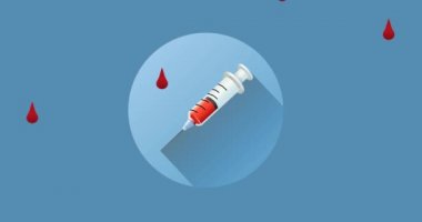 Mavi arka plandaki şırınganın üzerine düşen kırmızı kan damlalarının canlandırılması. tıbbi araştırma ve sağlık hizmetleri konsepti dijital olarak oluşturulmuş video.