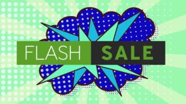 Yeşil zemin üzerinde retro konuşma balonu üzerinde flash satış metni animasyonu. Alışveriş, satış ve perakende konsepti dijital olarak oluşturulmuş video.