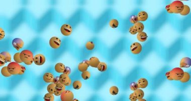 Mavi arka planda birden fazla emojinin canlanması. Sosyal medya ve iletişim konsepti dijital olarak oluşturulmuş video.