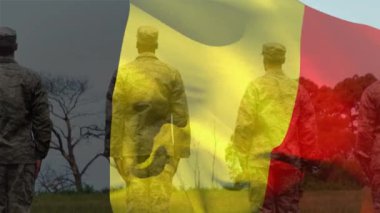 Çeşitli erkek askerler üzerinde Belçika bayrağının canlandırılması. Ordu, sivil savunma, vatanseverlik konsepti dijital olarak oluşturulmuş video.