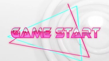 Oyunun animasyonu beyaz arkaplanda ışık izleri üzerinden metne başla. Video oyunu, eğlence ve dijital arayüz kavramı dijital olarak oluşturuldu.