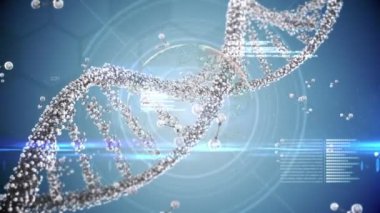 Tıbbi veri işleme üzerinde dönen DNA ipliklerinin animasyonu. küresel bilim, dijital arayüz ve veri işleme kavramı dijital olarak oluşturulmuş video.