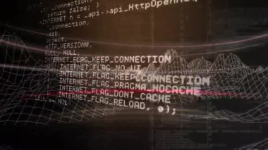 Siyah zemin üzerinde dijital dağların üzerinde veri işleme animasyonu. küresel veri işleme, hesaplama ve dijital arayüz kavramı dijital olarak oluşturulmuş video.