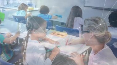 Çeşitli öğretmenler ve okul çocukları üzerindeki bağlantı ağının animasyonu. küresel eğitim, bağlantılar, veri işleme ve teknoloji konsepti dijital olarak oluşturulmuş video.