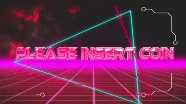 Siyah ve pembe dijital uzayda üçgenlerin üzerine bozuk para yerleştirme animasyonu. bilgisayarlar, oyunlar, teknoloji konsepti dijital olarak oluşturulmuş video.