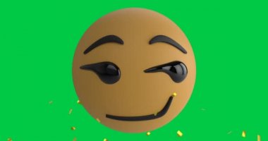 Gülümseyen emoji simgesinin üzerine düşen konfeti animasyonu yeşil ekran üzerine. küresel sosyal medya, kutlama ve iletişim konsepti dijital olarak oluşturulmuş video.