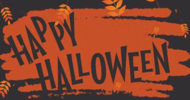 Cadılar Bayramı 'nın animasyonu ve turuncu arka planda düşen yapraklar. Cadılar bayramı geleneği ve dijital olarak oluşturulan kutlama konsepti.