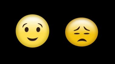 Siyah arka planda mutlu ve üzgün emoji simgelerinin animasyonu. küresel sosyal medya ve bağlantılar konsepti dijital olarak oluşturulmuş video.