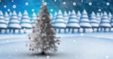 Kış manzarasında noel balolarının animasyonu. Noel, gelenek ve kutlama konsepti dijital olarak oluşturuldu.