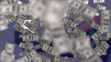 Ödeme terminali üzerinde yüzen dolarların animasyonu. küresel finans, para ve nakit ödeme yok güvenlik konsepti dijital olarak oluşturulmuş video.