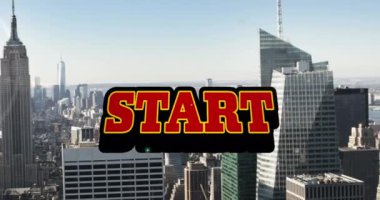 Şehir manzarası üzerinde başlangıç metninin canlandırması. Video oyunu, dijital arayüz ve dijital olarak oluşturulmuş iletişim konsepti.