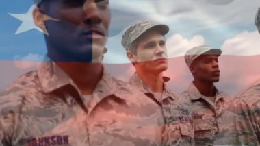 Çeşitli askerlerin üzerinde sallanan Şili bayrağının animasyonu. Silahlı kuvvetler, kamu savunması, vatanseverlik ve bağımsızlık kavramı dijital olarak oluşturulmuş video.