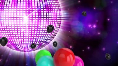 Dönen ayna topunun üzerinde yüzen balonların animasyonu. Yeni yıl partisi ve dijital olarak üretilen video konsepti.