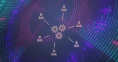 Parlak neon tünel arka planında dijital simgelerin canlandırılması. dijital arayüz, renk, hareket ve ışık konsepti dijital olarak oluşturulmuş video.