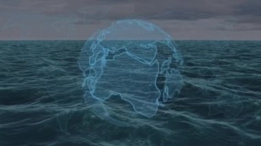 Deniz manzarası üzerindeki bağlantı ağının animasyonu. küresel bağlantılar, veri işleme ve dijital arayüz konsepti dijital olarak oluşturulmuş video.