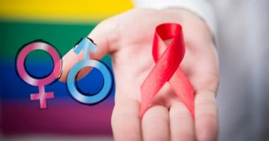 Beyaz adamın elinde şeritli kadın ve erkek sembollerinin animasyonu. lgbt hakları ve eşitlik kavramı dijital olarak oluşturulmuş video.