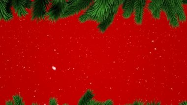 Kırmızı arkaplanda, karların üzerine düşen yeşil ağaç dalları. Noel şenliği ve kutlama konsepti