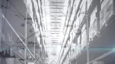 Deponun üzerindeki bağlantı ağı ve veri işleme ağının animasyonu. küresel gönderim, dağıtım, iş, veri işleme ve teknoloji konsepti dijital olarak oluşturulmuş video.