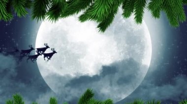 Noel Baba 'nın üzerinde yeşil ağaç dalları gece gökyüzünde ren geyikleri tarafından Ay' a doğru çekiliyor. Noel şenliği ve kutlama konsepti