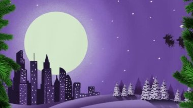 Kızakta Noel Baba 'ya karşı yeşil ağaç dalları şehrin üzerinde ren geyikleri tarafından çekiliyor. Noel şenliği ve kutlama konsepti