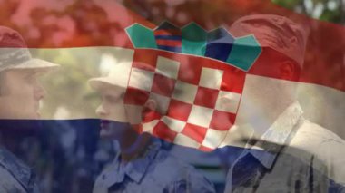 Çeşitli erkek askerler üzerinde Hırvat bayrağının canlandırılması. Ordu, sivil savunma, vatanseverlik konsepti dijital olarak oluşturulmuş video.