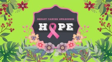 Çiçeklerin üzerinde pembe kurdele olan umut metninin animasyonu. Göğüs kanseri pozitif farkındalık kampanyası konsepti dijital olarak üretildi.