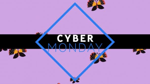 Cyfrowa Animacja Cyber Poniedziałkowego Banera Tekstowego Wielu Ikonach Motyla Fioletowym — Wideo stockowe
