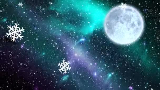 Анимация Санта Клауса Санях Оленями Рождество Над Снегопадом Луной Небом — стоковое видео