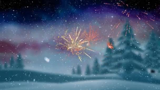 Jahreszeiten Gruß Text Über Feuerwerk Das Gegen Schnee Explodiert Der — Stockvideo