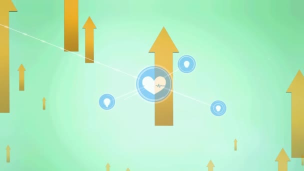 Κινούμενο Σχέδιο Δικτύου Συνδέσεων Εικονίδια Καρδιάς Πάνω Από Βέλη Πράσινο — Αρχείο Βίντεο