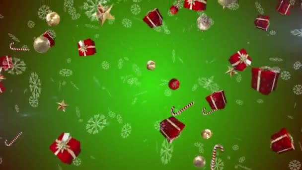 雪花和多个圣诞节的概念图标落在绿色背景下 圣诞节的庆祝和庆祝概念 — 图库视频影像