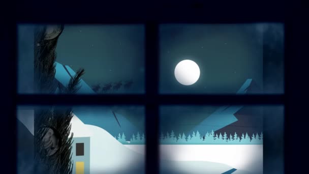 Noel Baba Nın Üzerindeki Pencere Çerçevesi Gece Gökyüzüne Karşı Ren — Stok video