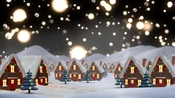Animacja Zimowej Scenerii Dekorowanymi Domami Jasnymi Plamami Czarnym Tle Boże — Wideo stockowe