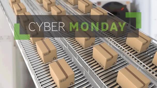 Animasi Teks Cyber Monday Atas Kotak Kardus Pada Sabuk Konveyor — Stok Video