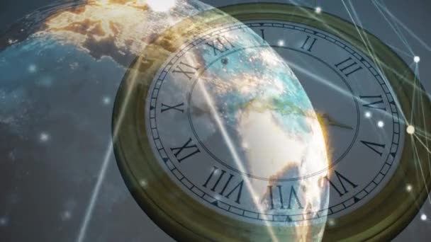 Animación Redes Conexiones Globo Sobre Reloj Moviéndose Rápido Tiempo Movimiento — Vídeos de Stock