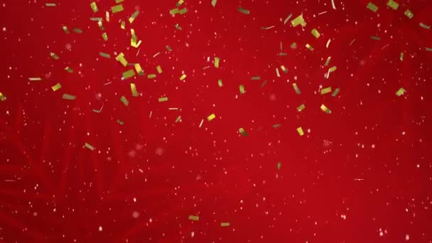 Animation Gold Confetti Falling Red Background Christmas Winter Tradition Celebration — Stock Video